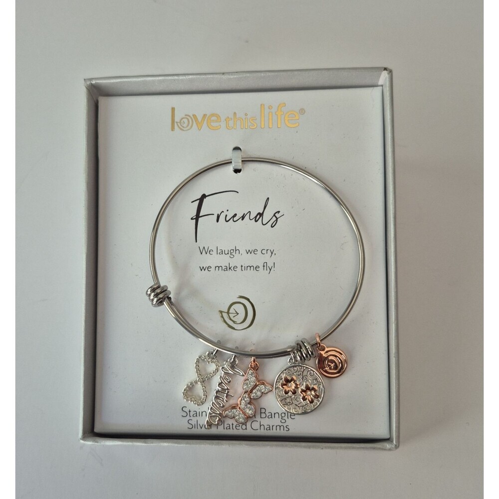 Love This Life Stainless Steel Silver Plated Adj Besties Charms Bangle Bracelet